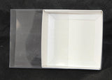 10 Pack of 8cm Square Wedding Invitation Coaster Favor Function product Presentation Cookie Biscuit Patisserie Gift Box - 2cm deep - White Card with Clear Slide On PVC Lid - 45-Degree Angle