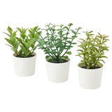 3 Pack of Artificial Herb Potted Plants in White Plastic 5cm Pot Interior Decoration - Front View