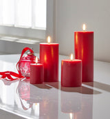 4 Pack Red Wax Pillar Advent Candles Xmas Wedding Party Table Room Centrepiece Decor Graduated sized 6 to 15cm High - Close-Up Angle