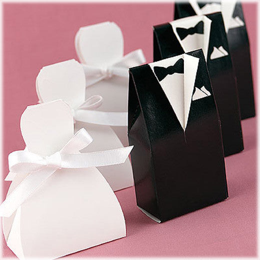 50 Pack of Bride and Groom Wedding Favor Candy Boxes - 25 Gown & 25 Tux Designs