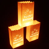 50 Pack White Happy Birthday Luminary Paper Candle Tea Light Lantern Bags Garden Anniversary Birthday Night Decorations Evening Party - Front View