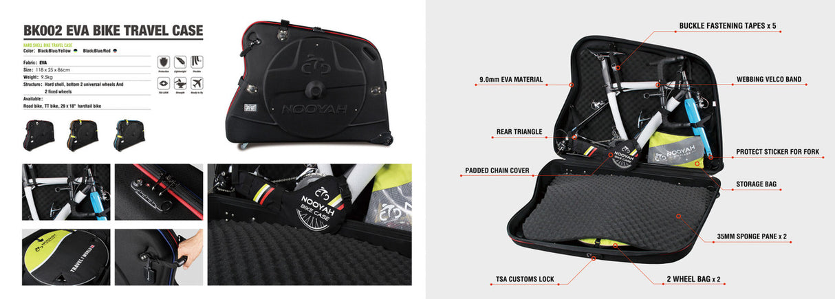 NOOYAH Lightweight EVA Bike Travel Case for Mountain, Road, and Gravel Bikes - BK002 Black Edition