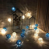 1 Set of Blue n White 5cm Rattan Cane 20 Ball Battery Powered 3m String Lights Christmas Gift Home Wedding Party Bedroom Decoration Table Centrepiece - Rear View