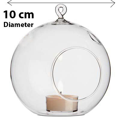4 x Hanging Clear Glass Ball Tealight Candle Holder - 10cm Diameter / High - Wedding Globe Decoration Terrarium Succulent Plant Mini Garden Holder