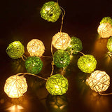 1 Set of Green n White 5cm Rattan Cane 20 Ball Battery Powered 3m String Lights Christmas Gift Home Wedding Party Bedroom Decoration Table Centrepiece - Side View