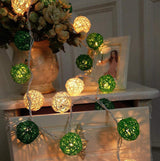 1 Set of Green n White 5cm Rattan Cane 20 Ball Battery Powered 3m String Lights Christmas Gift Home Wedding Party Bedroom Decoration Table Centrepiece - Rear View