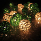 1 Set of Green n White 5cm Rattan Cane 20 Ball Battery Powered 3m String Lights Christmas Gift Home Wedding Party Bedroom Decoration Table Centrepiece - Low Angle