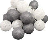 20 Grey and White Cotton Ball LED String Lights - Battery Powered Fairy Lights for Home, Wedding, Party, and Indoor/Outdoor Decor - Front View