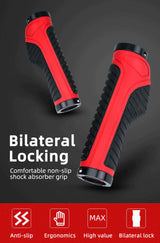 Bicycle Grips MTB Road Bike Double Lock Rubber Handlebar Grips Anti-Slip Rock Bros RED - Front View