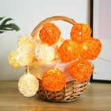 1 Set of Orange n White 5cm Rattan Cane 50 Ball Battery Powered LONG 5m String Lights Christmas Gift Home Wedding Party Bedroom Decoration Table Centrepiece - Front View