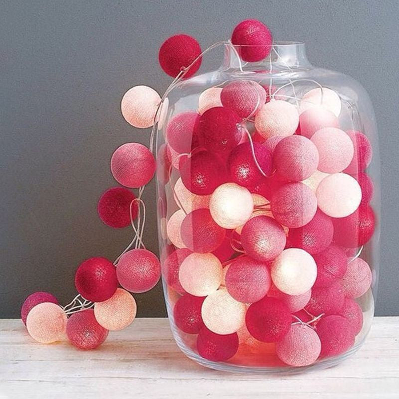 20 Pink LED Cotton Ball Fairy Lights - 5cm Decorative String for Home, Wedding, Party, and Bedroom - Battery Powered Indoor/Outdoor Décor
