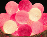 20 Pink LED Cotton Ball Fairy Lights - 5cm Decorative String for Home, Wedding, Party, and Bedroom - Battery Powered Indoor/Outdoor Décor - Low Angle