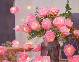 20 Pink Rose 3D Fairy Lights 3M String, Battery (AA) Indoor & Outdoor Decorations Wedding Valentines Romantic Room Table Lighting - Front View