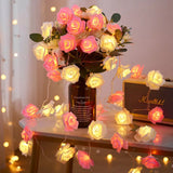 20 Pink n White Rose 3D Fairy Lights 3M String, Battery (AA) Indoor & Outdoor Decorations Wedding Valentines Romantic Room Table Lighting - Front View