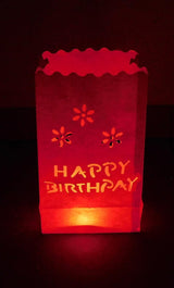 100 Pack Red Happy Birthday Luminary Paper Candle Tea Light Lantern Bags Garden Anniversary Birthday Night Decorations Evening Party - Rear View