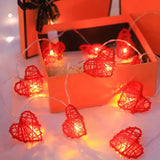 50 Red 3D Hollowed Rattan Heart-Shaped 5M LONG String Fairy Lights, Battery (AA) Indoor & Outdoor Decorations Wedding Valentines Romantic Room Table Lighting - Front View