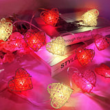 50 Red and White 3D Hollowed Rattan Heart-Shaped 5M LONG String Fairy Lights, Battery (AA) Indoor & Outdoor Decorations Wedding Valentines Romantic Room Table Lighting - Top-Down View