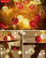 1 Set of Red and White 5cm Rattan Cane 50 Ball Battery Powered LONG 5m String Lights Christmas Gift Home Wedding Party Bedroom Decoration Table Centrepiece - Side View