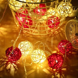 1 Set of Red and White 5cm Rattan Cane 50 Ball Battery Powered LONG 5m String Lights Christmas Gift Home Wedding Party Bedroom Decoration Table Centrepiece - Rear View