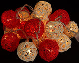 1 Set of Red and White 5cm Rattan Cane 50 Ball Battery Powered LONG 5m String Lights Christmas Gift Home Wedding Party Bedroom Decoration Table Centrepiece - Low Angle