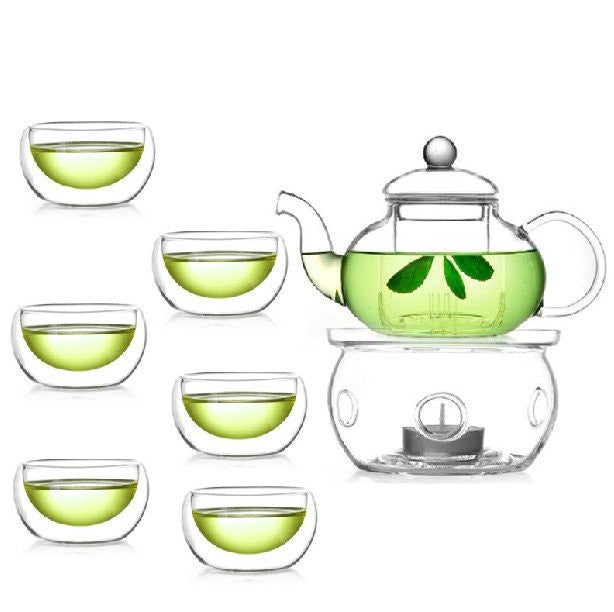 Elegant Gongfu Tea Ceremony Set - 6 Heat-Resistant Glass Cups with Infuser and Tealight Candle Warmer