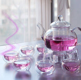 10 Wholesale Sets of Gongfu Chinese Ceremony Tea Set - 6 Glass cups with Infuser and Tealight Candle Pot Warmer - Front View