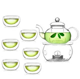 10 Wholesale Sets of Gongfu Chinese Ceremony Tea Set - 6 Glass cups with Infuser and Tealight Candle Pot Warmer - 45-Degree Angle