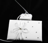 White Wedding Guest Book Register with Silver Pen Matching Stand Set 36 Lined Pages - White Ribbon and Diamante Bow Cover - Front View