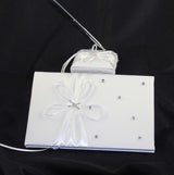 White Wedding Guest Book Register with Silver Pen Matching Stand Set 36 Lined Pages - White Ribbon and Diamante Bow Cover - Close-Up Angle