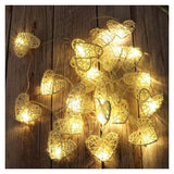 20 White 3D Hollowed Rattan Heart-Shaped 3M String Fairy Lights, Battery (AA) Indoor & Outdoor Decorations Wedding Valentines Romantic Room Table Lighting - 45-Degree Angle