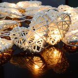 20 White 3D Hollowed Rattan Heart-Shaped 3M String Fairy Lights, Battery (AA) Indoor & Outdoor Decorations Wedding Valentines Romantic Room Table Lighting - Close-Up Angle