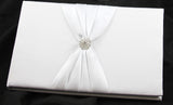 White Wedding Guest Book Register with Silver Pen Matching Stand Set 36 Lined Pages - White Sach Diamante Cover - Front View