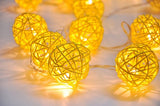 1 Set of Yellow 5cm Rattan Cane 20 Ball Battery Power 3m String Lights Christmas Gift Home Wedding Party Bedroom Decoration Table Centrepiece - Close-Up Angle