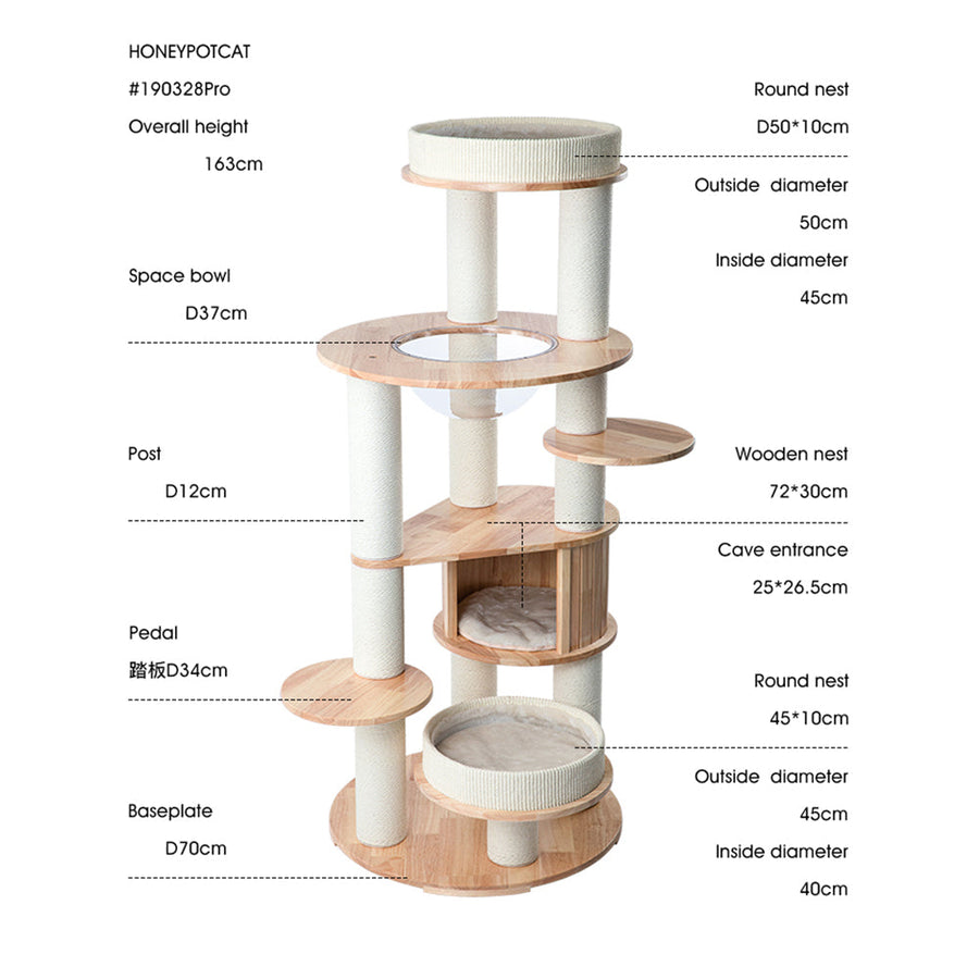 HONEYPOTCAT MZ Varnished Solid Wood Cat Tower With Capsule - 163cm