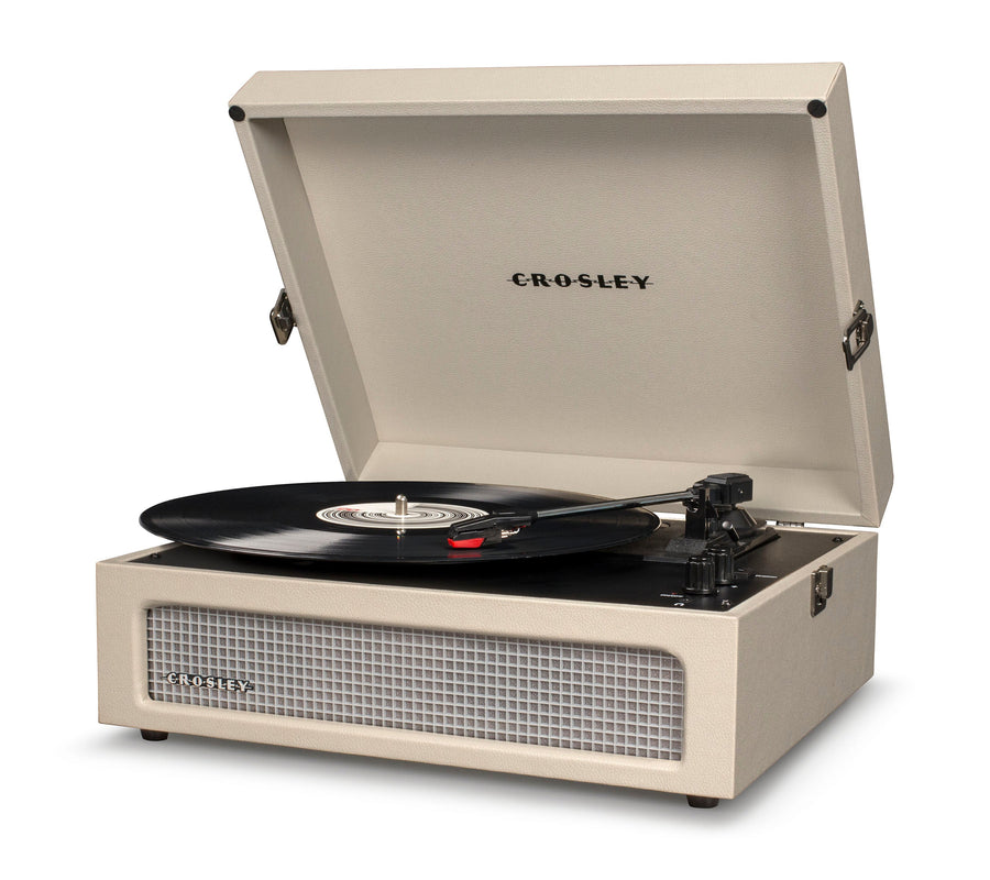 Crosley Voyager portable Bluetooth suitcase turntable in Dune, three-speed belt-drive platter