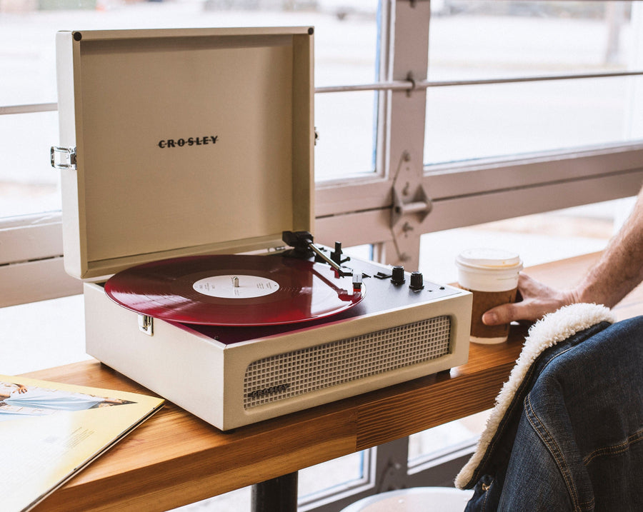 Crosley Voyager portable Bluetooth suitcase turntable in Dune, built-in stereo speakers