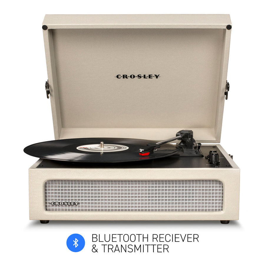 Crosley Voyager portable Bluetooth suitcase turntable in Dune, cueing lever and pitch control