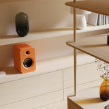 Kanto REN 200W Powered Bookshelf Speakers with HDMI ARC, USB-C, and Bluetooth 5.3 - Matte Orange, Pair - 45-Degree Angle