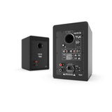 Kanto TUK 260W Powered Bookshelf Speakers with Headphone Out, USB Input, Dedicated Phono Pre-amp, Bluetooth - Pair, Matte Black with S6 Black Stand Bundle - Side View