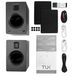 Kanto TUK 260W Powered Bookshelf Speakers with Headphone Out, USB Input, Dedicated Phono Pre-amp, Bluetooth - Pair, Matte Black with S6 Black Stand Bundle - Top-Down View