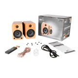 Kanto YU4 140W Powered Bookshelf Speakers with Bluetooth and Phono Preamp - Pair, Bamboo with SE4 Black Stand Bundle - Top-Down View