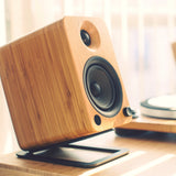 Kanto YU4 140W Powered Bookshelf Speakers with Bluetooth and Phono Preamp - Pair, Bamboo with SP26PL Black Stand Bundle - 45-Degree Angle