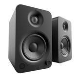 Kanto YU4 140W Powered Bookshelf Speakers with Bluetooth and Phono Preamp - Pair, Matte Black with SX22 Black Stand Bundle - Side View
