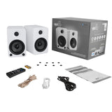 Kanto YU4 140W Powered Bookshelf Speakers with Bluetooth and Phono Preamp - Pair, Matte White with S4W White Stand Bundle - 45-Degree Angle