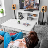 Kanto YU6 200W Powered Bookshelf Speakers with Bluetooth and Phono Preamp - Pair, Bamboo with SP26PL Black Stand Bundle - Front View