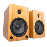 Kanto YU6 200W Powered Bookshelf Speakers with Bluetooth and Phono Preamp - Pair, Bamboo with SX26 Black Stand Bundle - Side View