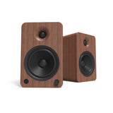 Kanto YU6 200W Powered Bookshelf Speakers with Bluetooth and Phono Preamp - Pair, Walnut with SX22 Black Stand Bundle - Front View