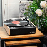 Victrola Eastwood Turntable + Bundled Record Storage Crate - Close-Up Angle