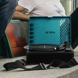 Victrola Revolution Go Turntable - Blue + Entertainment Stand Bundle - Black - Top-Down View