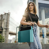 Victrola Revolution Go Turntable - Blue + Entertainment Stand Bundle - Black - Low Angle